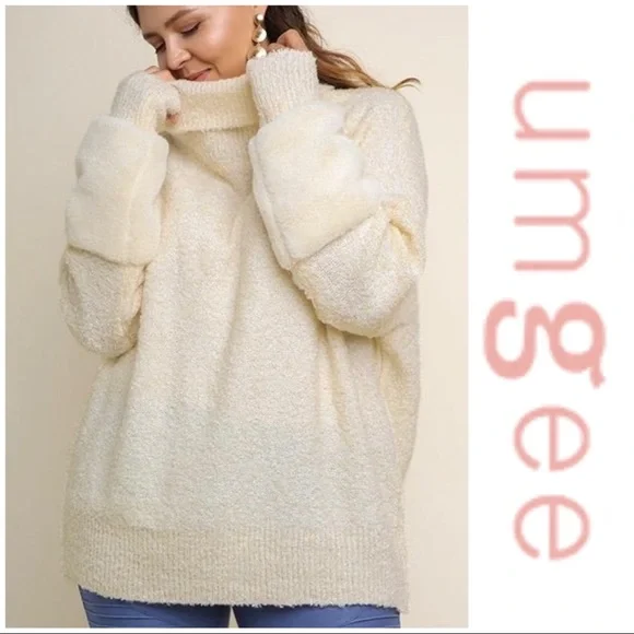 Umgee Long Sleeve Turtleneck Knit Pullover Sweater with Faux Fur Sleeve Detail - Picture 5 of 7
